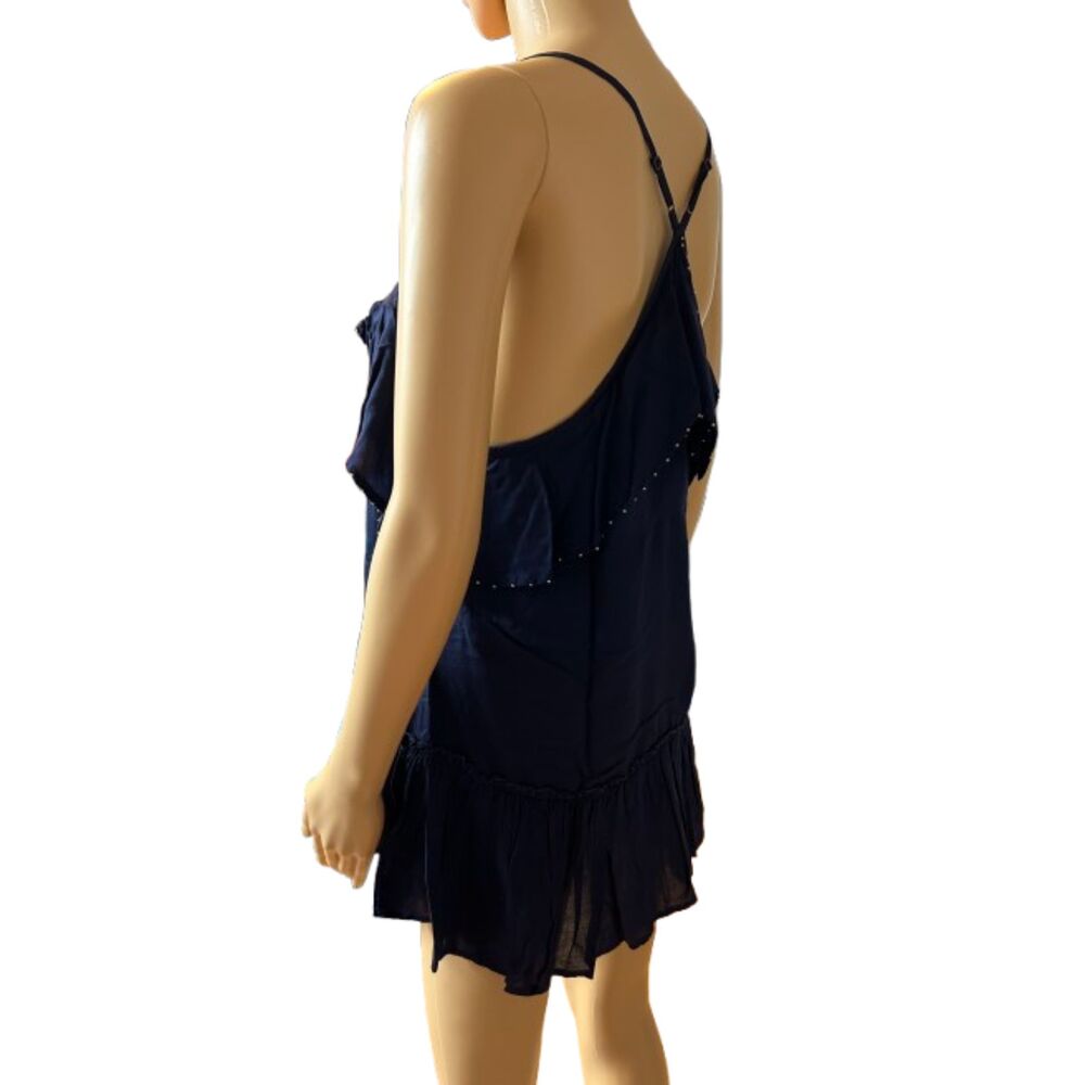 Free People Navy Blue Ruffle Top With Silver Embellished Beads size S/M E70 - Picture 4 of 12